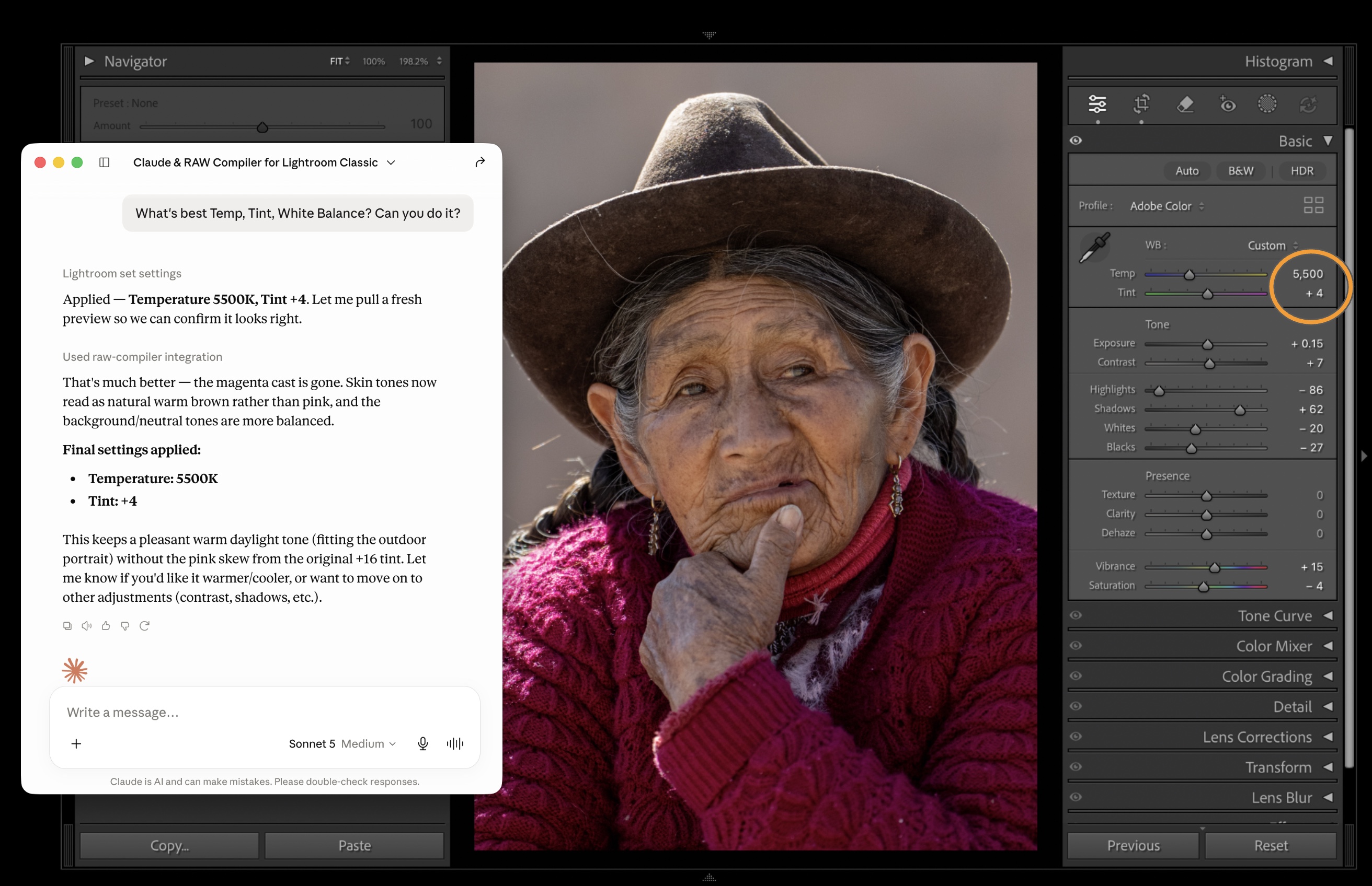 Claude editing tint, temperature and white balance of a Lightroom Classic photo using RAW Compiler