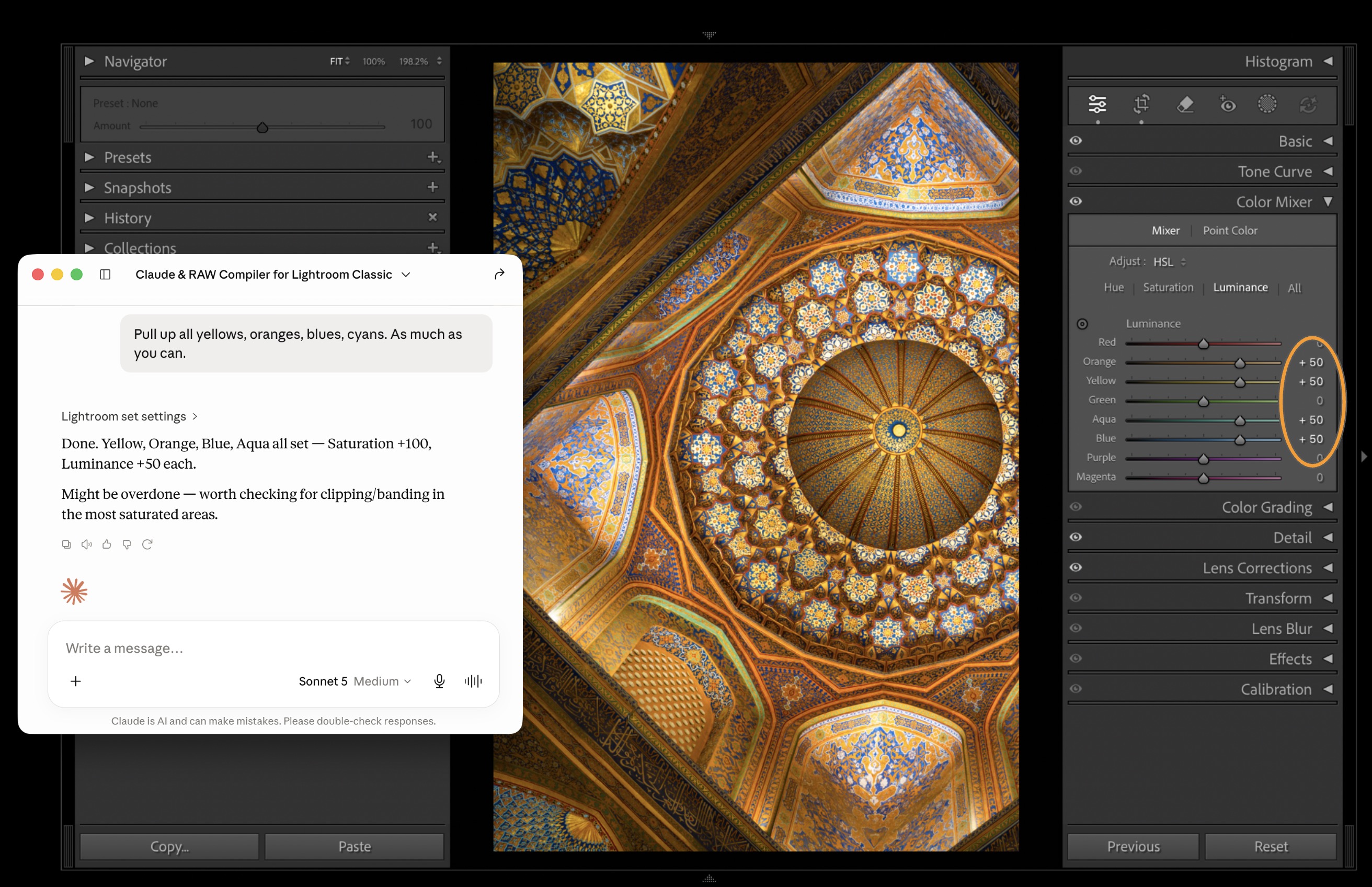 Claude doing color mixing in Lightroom Classic using RAW Compiler