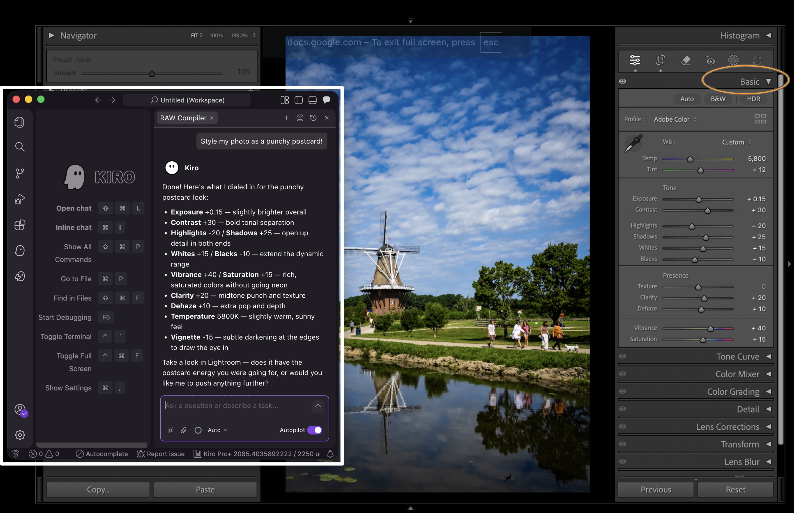 Amazon Kiro styling a Lightroom photo using RAW Compiler