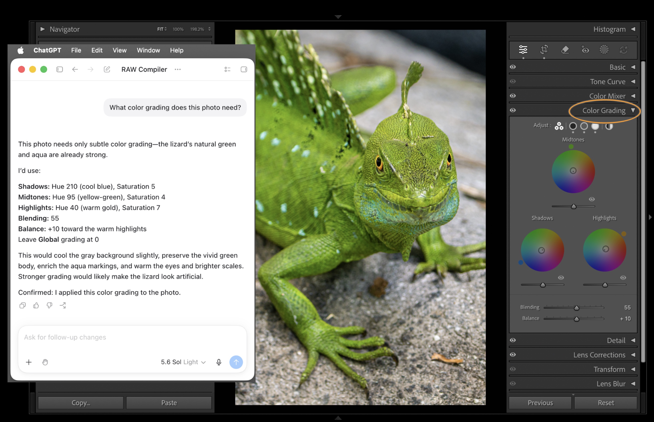 ChatGPT doing color grading in Lightroom Classic using RAW Compiler