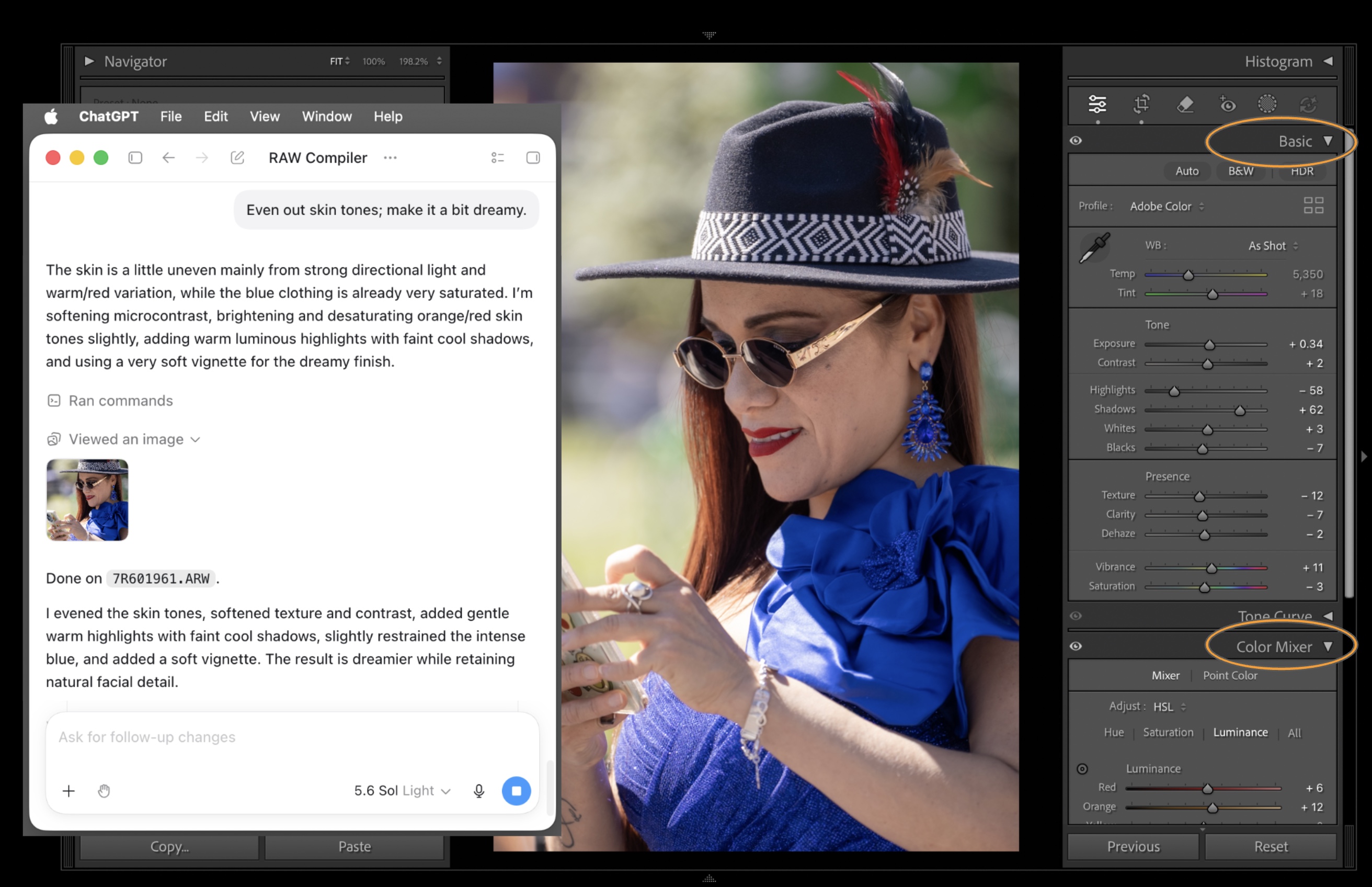 ChatGPT doing skin tone correction in Lightroom Classic using RAW Compiler